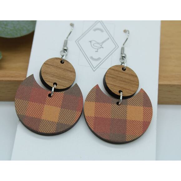 Orange Brown Yellow Plaid Wood Lightweight Dangle Fall Autumn Earrings - Picture 2 of 3